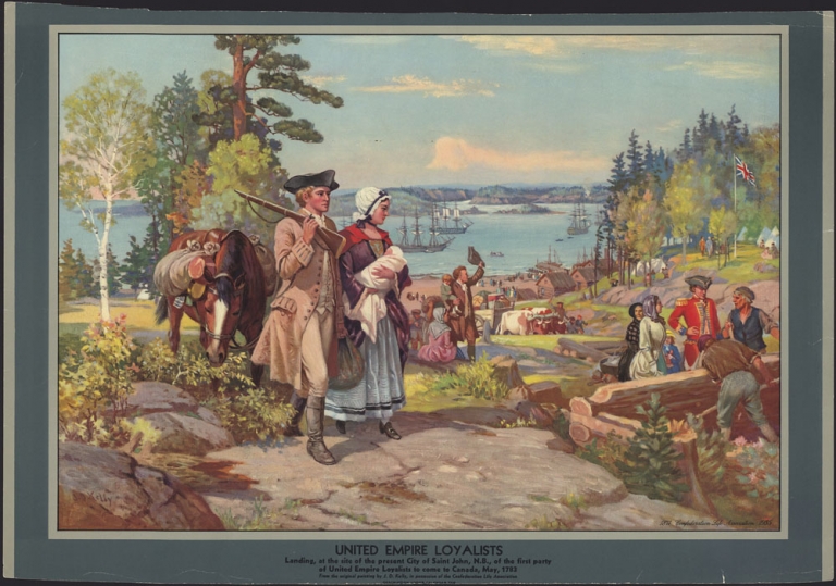 Reproduction d’une oeuvre de John David Kelly, « United Empire loyalists landing at the site of the present City of Saint John, New Brunswick, 1783 »,  avant 1935